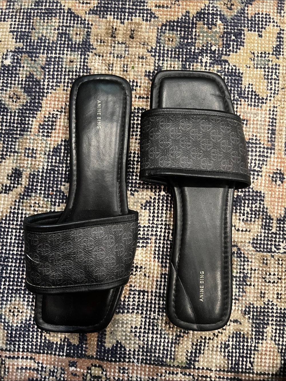 Anine Bing Black Embossed Leather Slide Sandals 39